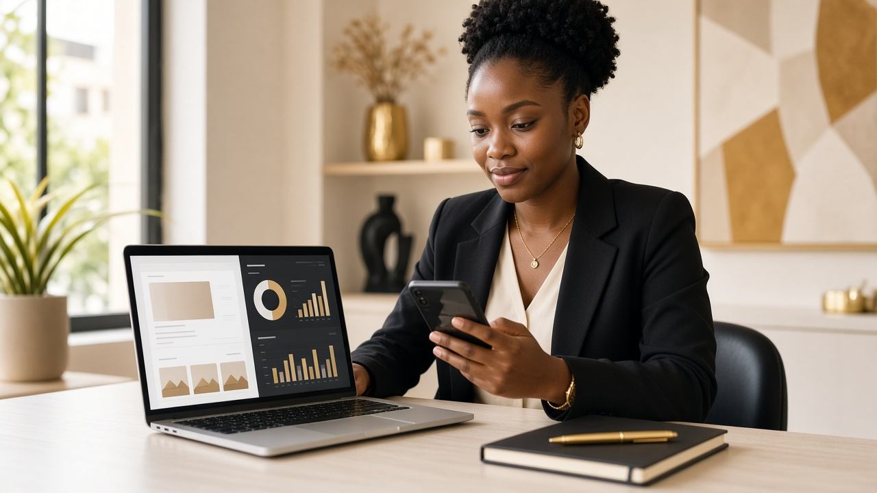 Entrepreneure analysant la présence en ligne de son entreprise sur ordinateur et smartphone