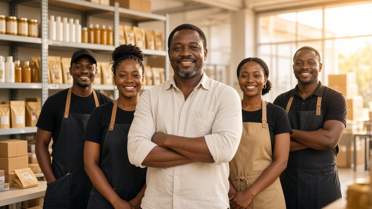 Dirigeant de PME et son équipe dans leur entrepôt