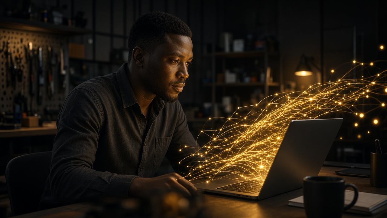 Entrepreneur travaillant avec des outils d'intelligence artificielle