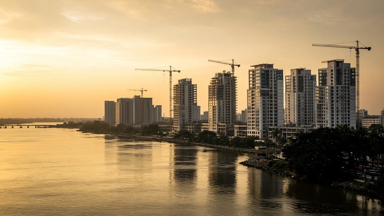 Tours en construction au bord de la lagune Ébrié à Abidjan