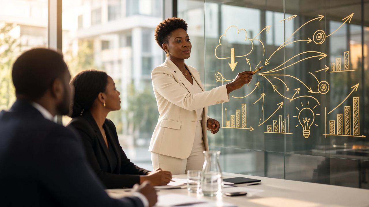 Dirigeante présentant une stratégie de croissance à son équipe